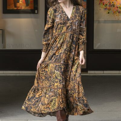 LUREX long floral print maxi dress with buttoned lace in front