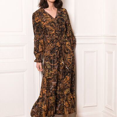 Long paisley print dress with LUREX buttoned in front, balloon sleeves