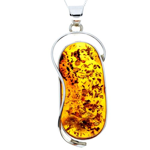 925 Sterling Silver & Genuine Cognac Baltic Amber Exlusive Unique Pendant - PD2338