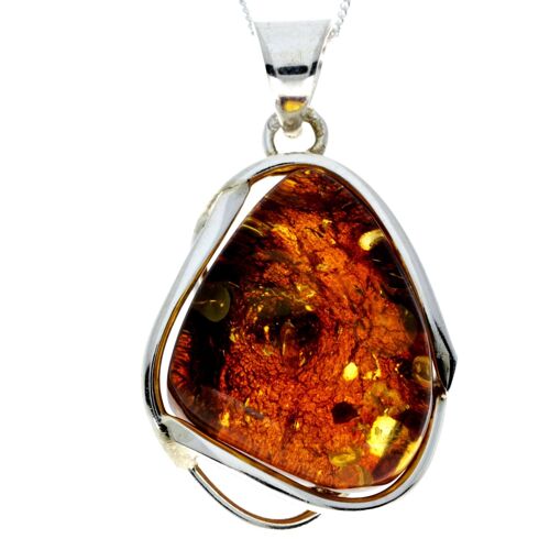 925 Sterling Silver & Genuine Cognac Baltic Amber Exlusive Unique Pendant - PD2336