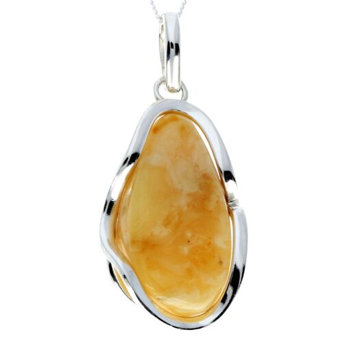 925 Sterling Silver & Genuine Lemon Baltic Amber Exlusive Unique Pendant - PD2330