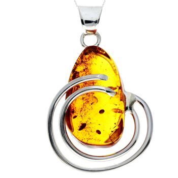 Pendentif unique exclusif en argent sterling 925 et véritable ambre de la Baltique Cognac - PD2320 1