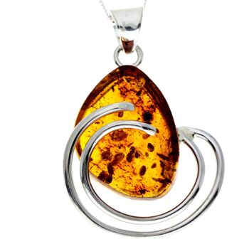 Pendentif unique exclusif en argent sterling 925 et véritable ambre de la Baltique Cognac - PD2319 1