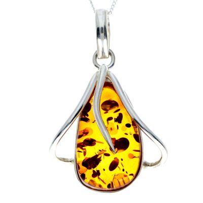 Pendentif unique exclusif en argent sterling 925 et véritable ambre de la Baltique Cognac - PD2314