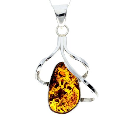 Pendentif unique exclusif en argent sterling 925 et véritable ambre de la Baltique Cognac - PD2313