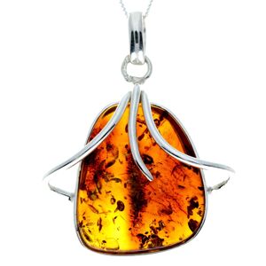 Pendentif unique exclusif en argent sterling 925 et véritable ambre de la Baltique Cognac - PD2307