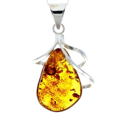 Pendentif unique exclusif en argent sterling 925 et véritable ambre de la Baltique Cognac - PD2305