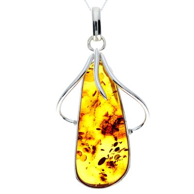 Pendentif unique exclusif en argent sterling 925 et véritable ambre de la Baltique Cognac - PD2304