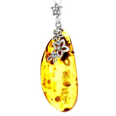 Pendentif unique exclusif en argent sterling 925 et véritable ambre de la Baltique Cognac - PD2299