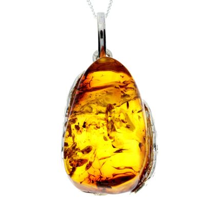 Pendentif unique exclusif en argent sterling 925 et véritable ambre de la Baltique Cognac - PD2287