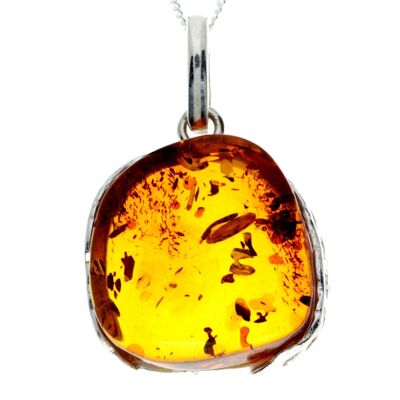 Pendentif unique exclusif en argent sterling 925 et véritable ambre de la Baltique Cognac - PD2284