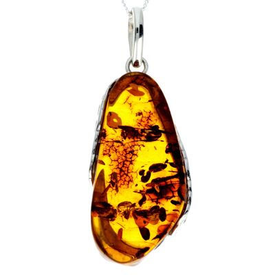 Pendentif unique exclusif en argent sterling 925 et véritable ambre de la Baltique Cognac - PD2282