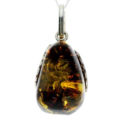 925 Sterling Silver & Genuine Green Baltic Amber Exlusive Unique Pendant - PD2280