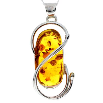 Pendentif unique exclusif en argent sterling 925 et véritable ambre de la Baltique Cognac - PD2275