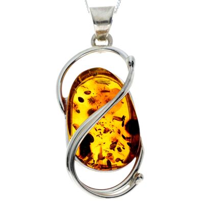 Pendentif unique exclusif en argent sterling 925 et véritable ambre de la Baltique Cognac - PD2274