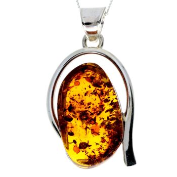 Pendentif unique exclusif en argent sterling 925 et véritable ambre de la Baltique Cognac - PD2271 1