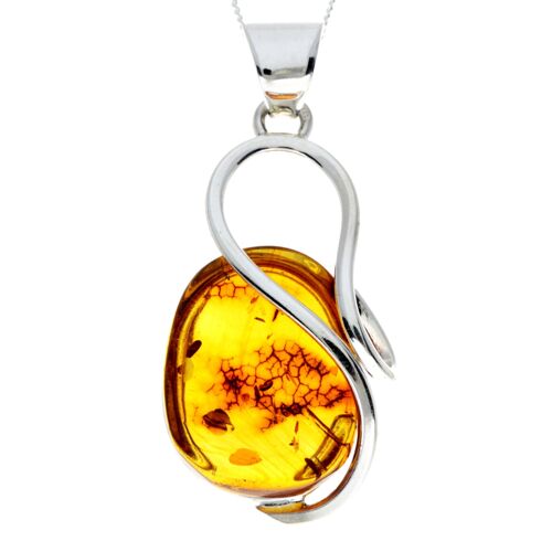 925 Sterling Silver & Genuine Cognac Baltic Amber Exlusive Unique Pendant - PD2269