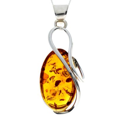 Pendentif unique exclusif en argent sterling 925 et véritable ambre de la Baltique Cognac - PD2268