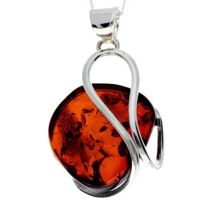 Pendentif unique exclusif en argent sterling 925 et véritable ambre de la Baltique Cognac - PD2266