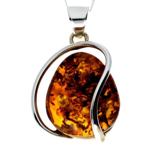 925 Sterling Silver & Genuine Cognac Baltic Amber Exlusive Unique Pendant - PD2265