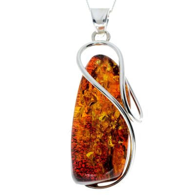 Pendentif unique exclusif en argent sterling 925 et véritable ambre de la Baltique Cognac - PD2264