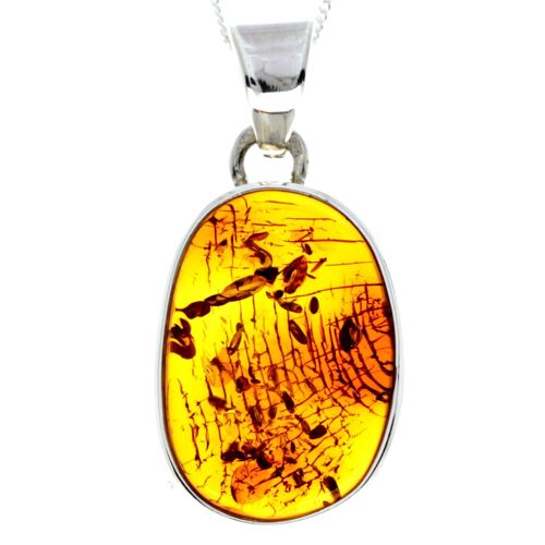 925 Sterling Silver & Genuine Cognac Baltic Amber Exlusive Unique Pendant - PD2260