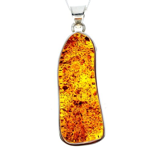 925 Sterling Silver & Genuine Cognac Baltic Amber Exlusive Unique Pendant - PD2254