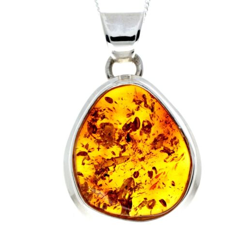 925 Sterling Silver & Genuine Cognac Baltic Amber Exlusive Unique Pendant - PD2249