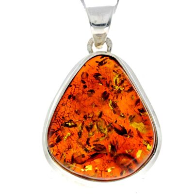 Pendentif unique exclusif en argent sterling 925 et véritable ambre de la Baltique Cognac - PD2235