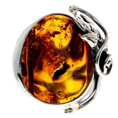 925 Sterling Silver & Genuine Cognac Baltic Amber Unique Ring - RG0746