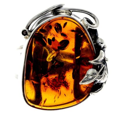 925 Sterling Silver & Genuine Cognac Baltic Amber Unique Ring - RG0745
