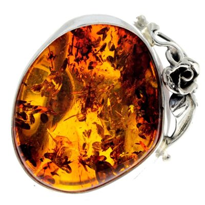 Anello unico in argento sterling 925 e ambra baltica Cognac autentico - RG0744