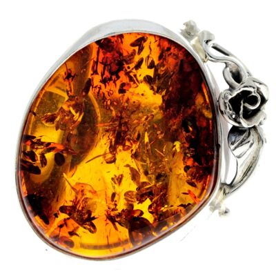 925 Sterling Silver & Genuine Cognac Baltic Amber Unique Ring - RG0744
