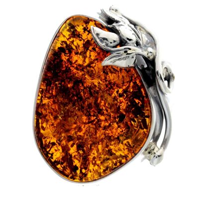 925 Sterling Silver & Genuine Cognac Baltic Amber Unique Ring - RG0742