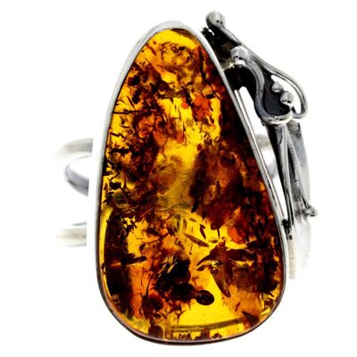 925 Sterling Silver & Genuine Cognac Baltic Amber Unique Ring - RG0739