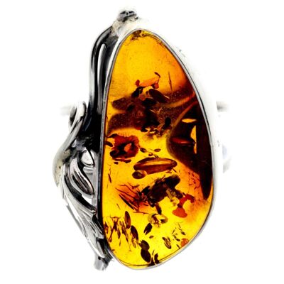 Anello unico in argento sterling 925 e ambra baltica Cognac autentico - RG0738