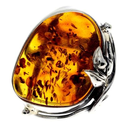 Anello unico in argento sterling 925 e ambra baltica Cognac autentico - RG0737