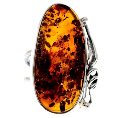 925 Sterling Silver & Genuine Cognac Baltic Amber Unique Ring - RG0736