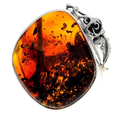 Anello unico in argento sterling 925 e vera ambra baltica Cognac - RG0735