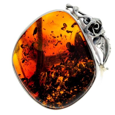 925 Sterling Silver & Genuine Cognac Baltic Amber Unique Ring - RG0735