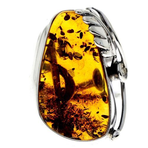 925 Sterling Silver & Genuine Cognac Baltic Amber Unique Ring - RG0734