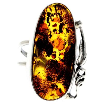 925 Sterling Silver & Genuine Cognac Baltic Amber Unique Ring - RG0733