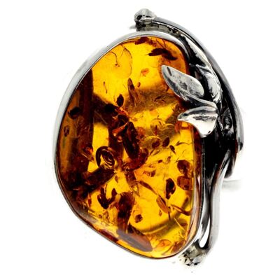 925 Sterling Silver & Genuine Cognac Baltic Amber Unique Ring - RG0732