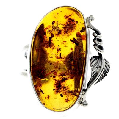 925 Sterling Silver & Genuine Cognac Baltic Amber Unique Ring - RG0731