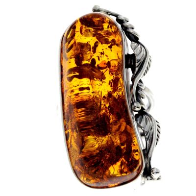 925 Sterling Silver & Genuine Cognac Baltic Amber Unique Ring - RG0730