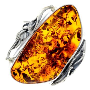 Bague unique en argent sterling 925 et ambre baltique véritable cognac - RG0729 1