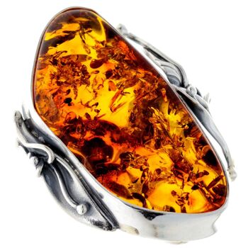 Bague unique en argent sterling 925 et ambre baltique véritable cognac - RG0729 2