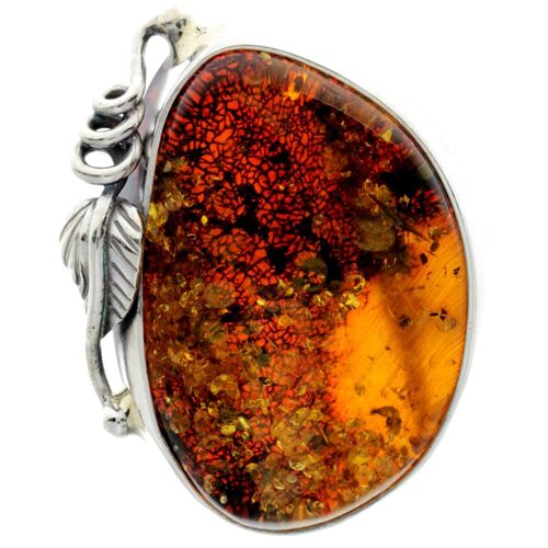 925 Sterling Silver & Genuine Green Baltic Amber Unique Ring - RG0728