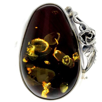 925 Sterling Silver & Genuine Green Baltic Amber Unique Ring - RG0727