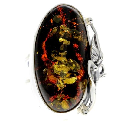925 Sterling Silver & Genuine Green Baltic Amber Unique Ring - RG0726